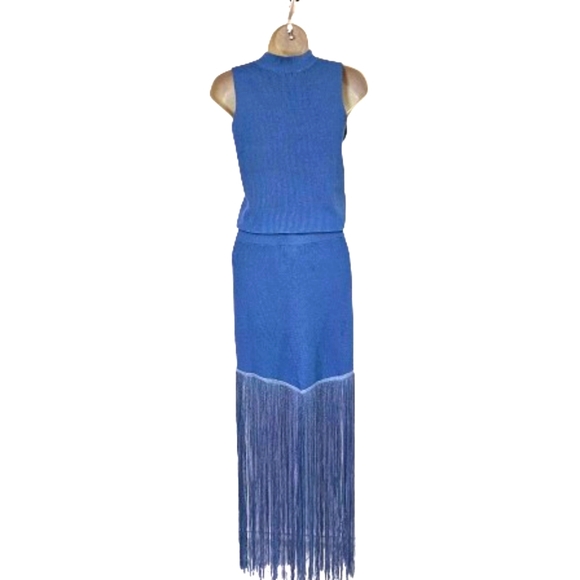 Cloud Ten Blue Sleeveless Knit High Neck Festival Dress with Fringe,Medium, NWT - Picture 2 of 16